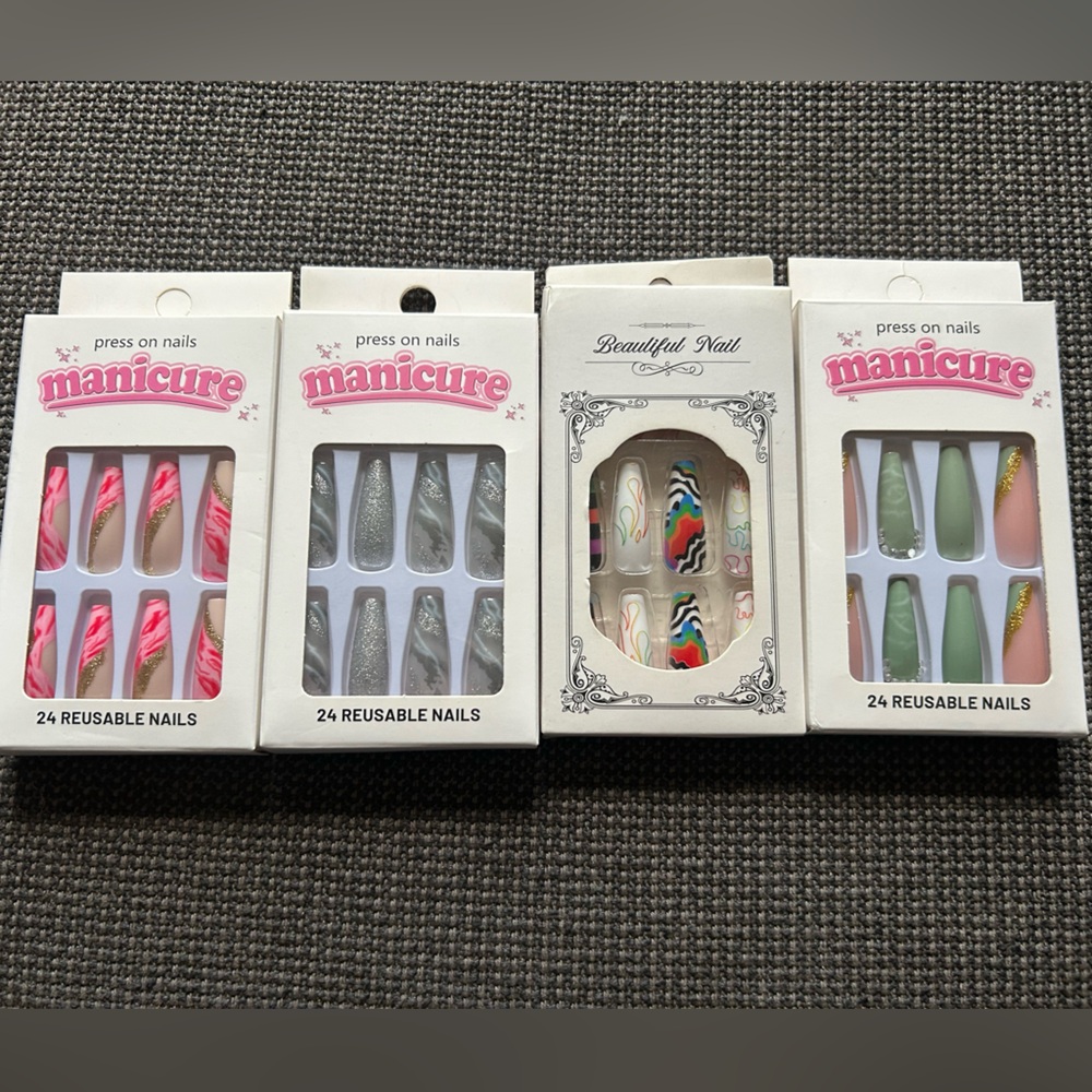 24pcs Coffin Press On Nails Silver French Fake Nails